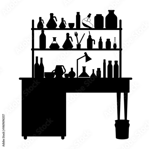 Silhouette of Laboratory Bench with Bottles and Tools on White Background, Scientific Research Concept