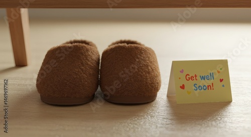 Bedroom Slippers Beside a Get Well Card on Wooden Floor