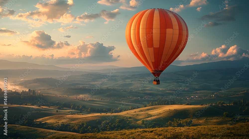 A hot air balloon drifting over a scenic countryside landscape