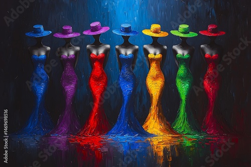 Seven Ladies in Colorful Gowns and Hats: A Vibrant Oil Painting