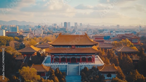 Aerial view of the Forbidden City in Beijing, China, with cityscape in background, golden colored roofs.