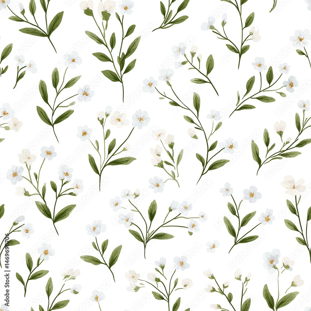A delicate floral pattern featuring white flowers and green leaves on a light background. Seamless pattern.