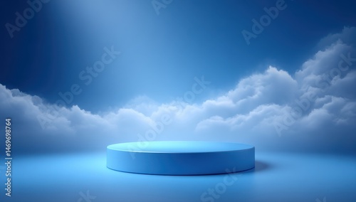 Blue Podium with Cloud Background for Presentation and Display