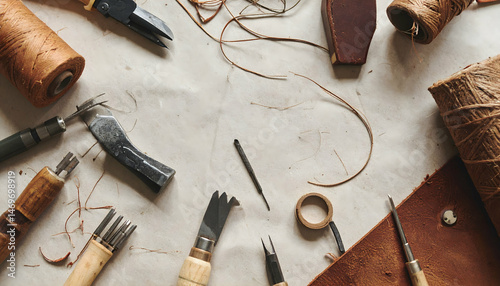 Leather Crafting Tools and Materials on Beige Surface