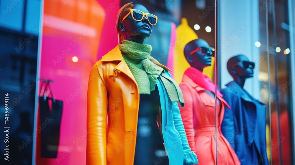 Obraz premium Colorful Dresses on Mannequins in Fashion Store Window Display with Vibrant Background Panels