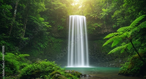 Majestic waterfall cascading into a serene pool surrounded by lush green foliage.