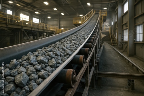 Conveyor belt transporting raw materials in an industrial facility during bright daylight hours Generative AI