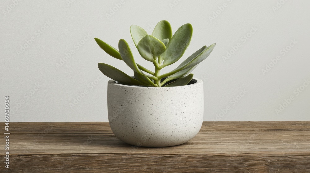 A small green plant in a white pot sits on a wooden surface. A small green plant in a white pot sits on a wooden surface.
