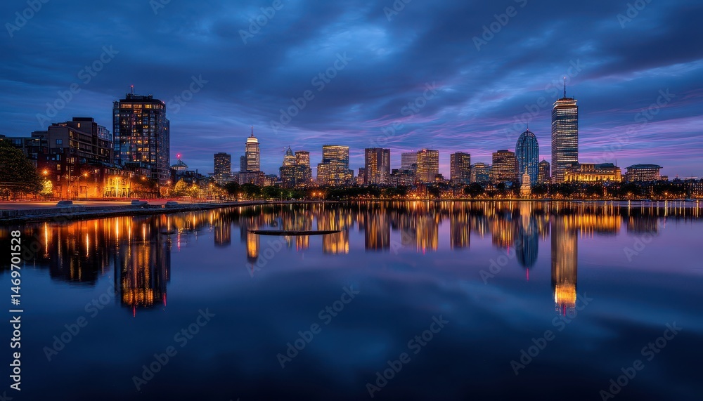 Obraz premium The city skyline reflects the evening lights