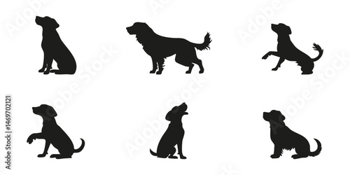 Dog Silhouettes In Various Poses Set. Canine Behavior And Training Illustrations Isolated Vector Collection