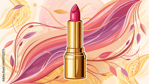  Elegant nude lipstick with gold tube on beautiful white background