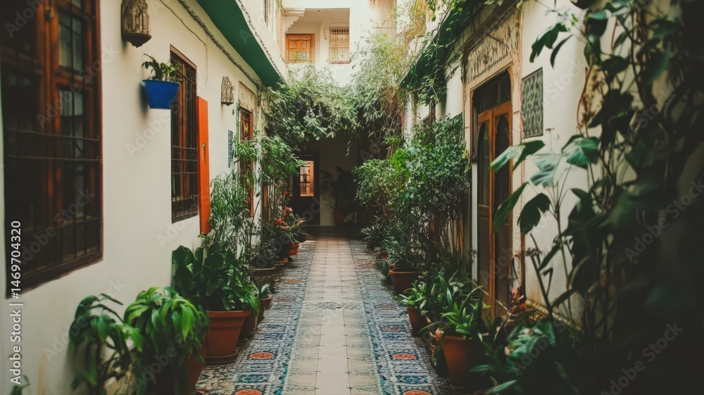 Naklejka premium Serene Courtyard Garden Pathway With Lush Greenery