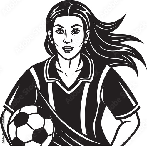 Female soccer silhouette vector on white background, line art, icon editable vector illustration 