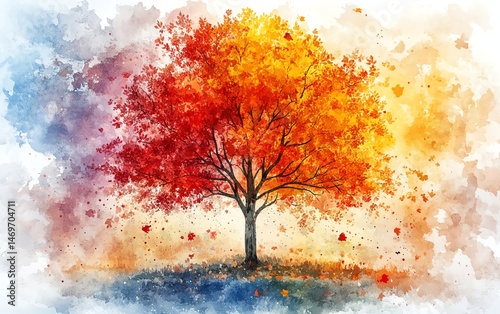 Obraz na płótnie Vibrant autumn tree watercolor painting. Seasonal change, nature beauty. w salonie