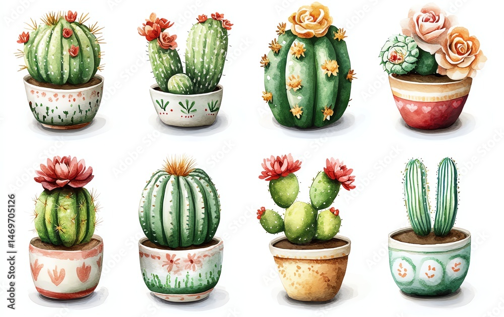 Cute potted cacti collection. Watercolor style illustration.