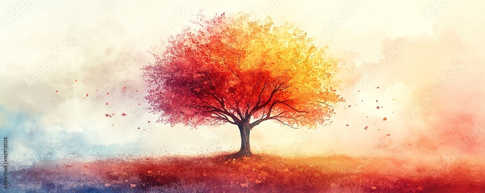 Vibrant autumn tree, watercolor art.