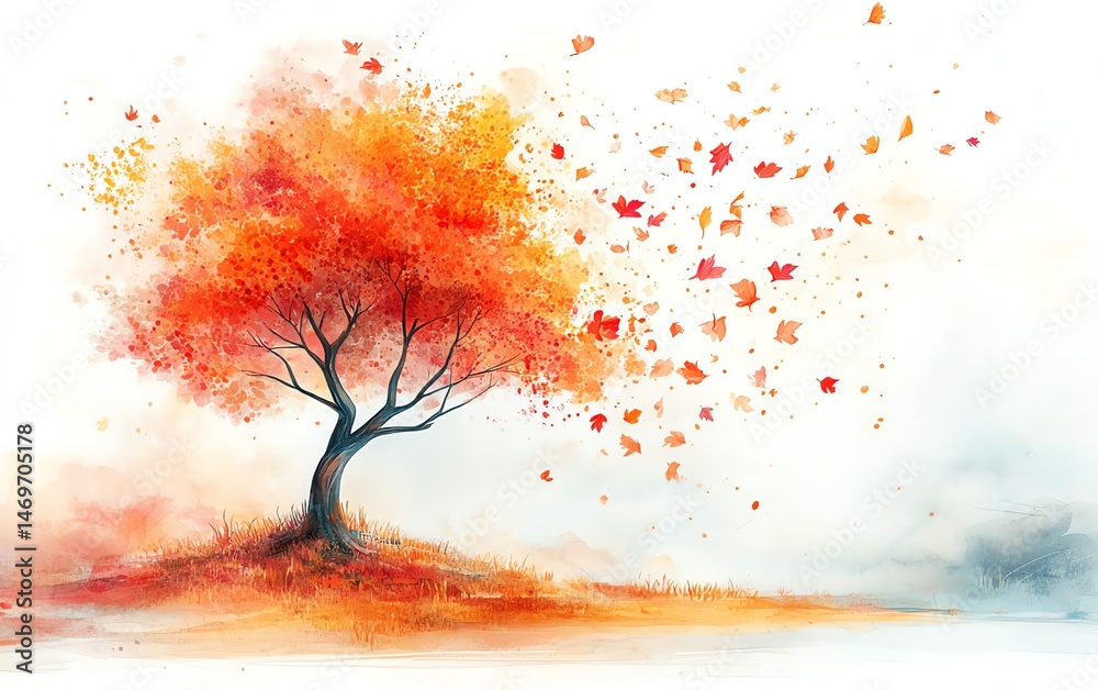 Autumn tree, leaves blowing in wind, watercolor painting, fall season.