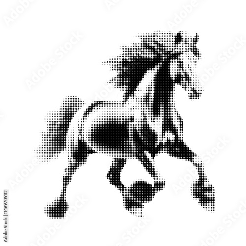 Vector halftone illustration of a horse, stylized with dotted texture, black and white graphic design, isolated on white background, symbol of the 2026 Chinese zodiac year, minimal retro style, comic