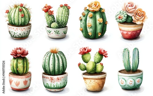 Obraz na płótnie Cute potted cacti collection. Watercolor style illustration. w salonie
