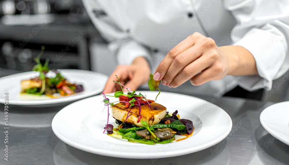 custom made wallpaper toronto digitalChef Plating Gourmet Fish Dish with Fresh Herbs