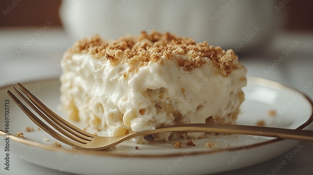 Creamy cake slice with a golden crunchy topping