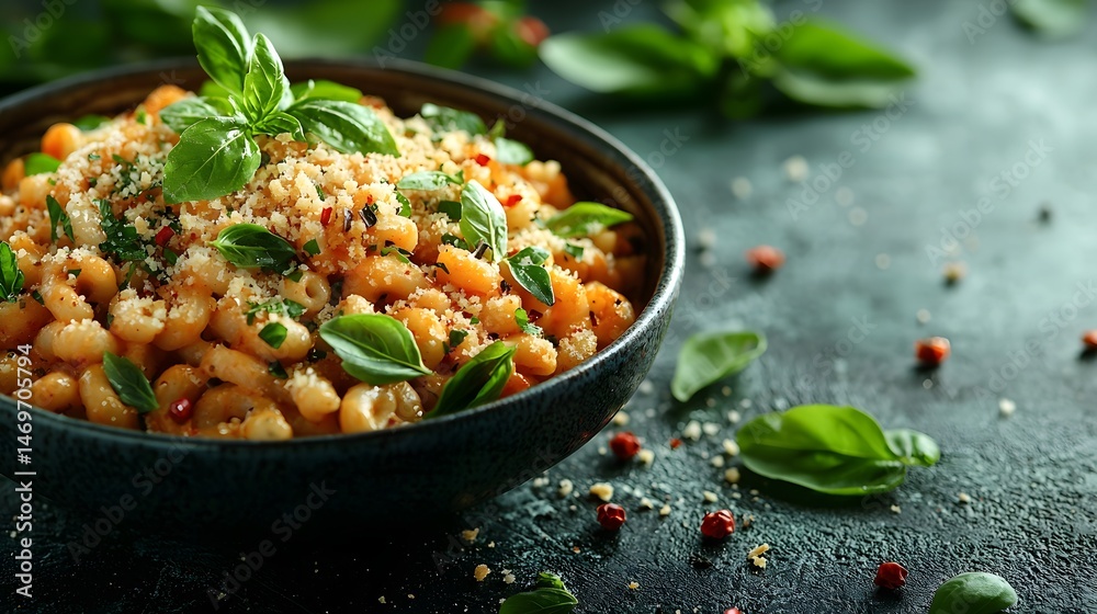 Creamy Pasta Dish with Parmesan Breadcrumb Topping and Fresh Herbs