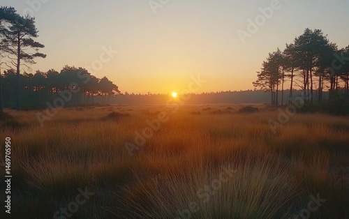 Sunrise over a golden field of tall grass with pine trees in the background.