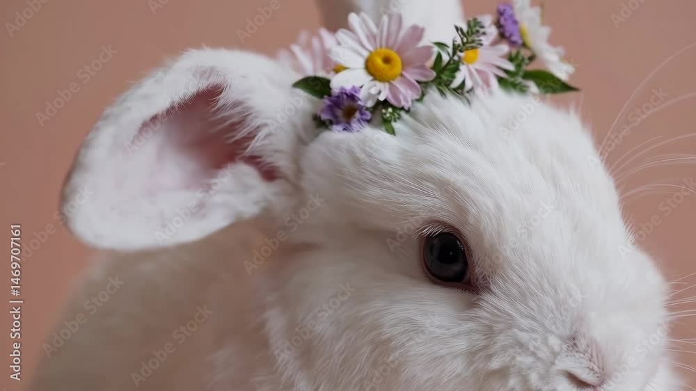 Curious white rabbit adorned with floral crown moves gracefully against soft background