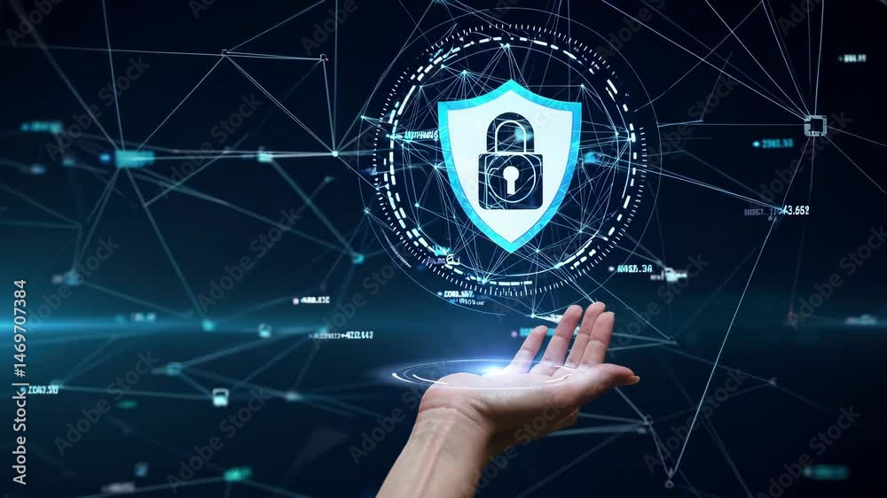 Digital security technology: futuristic interface with hand gesture interacting with holographic shield