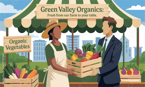 Modern vector illustration of a farmers market scene in a city park, easily scalable and editable.