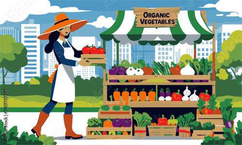 Modern vector illustration of a farmers market scene in a city park, easily scalable and editable.