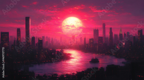 City sunset red moon