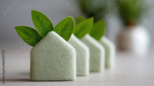 Eco-friendly felt houses with green leaves on wooden surface