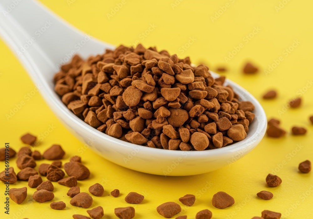Instant coffee granules in a white spoon on a bright yellow background, showcasing texture and detail. Instant coffee granules in a white spoon on a bright yellow background, showcasing texture and detail.