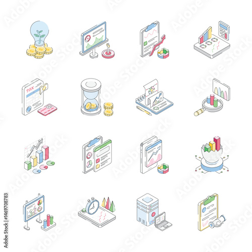 Modern collection of isometric icons depicting business services