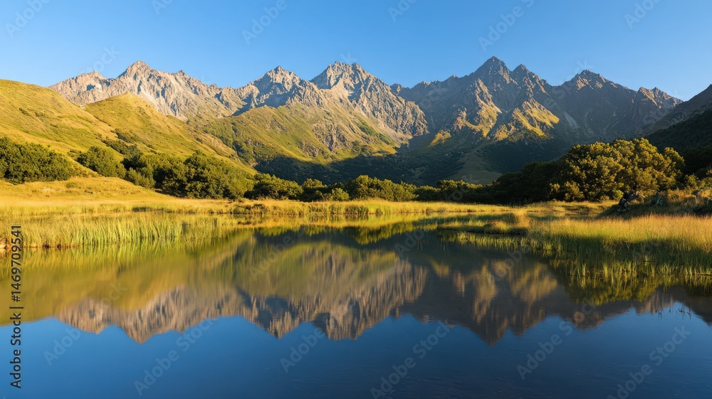 Naklejka premium Serene Mountain Lake Reflects Colorful Peaks