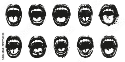 Open Mouth Expressions Silhouette Set. Emotional Communication And Expression Isolated Vector Illustration Collection