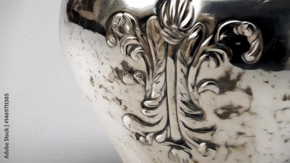 Ornate silver vase with embossed fleur-de-lis details against a neutral backdrop, reflecting light and showcasing aged metal texture