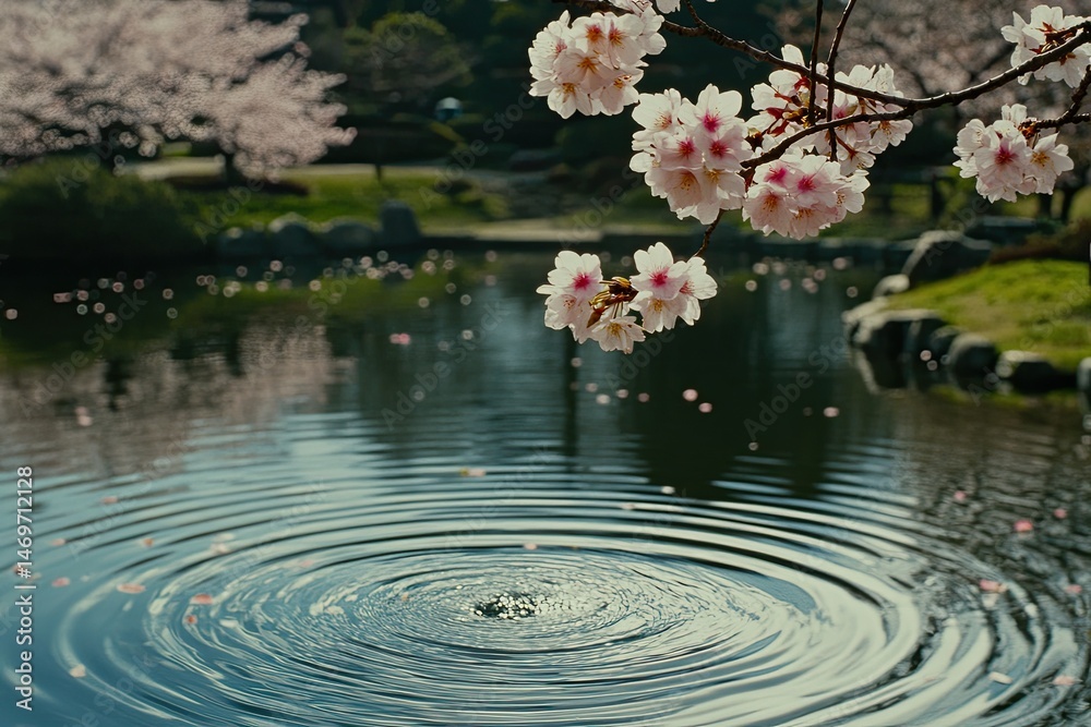 Naklejka premium Cherry blossoms over tranquil pond