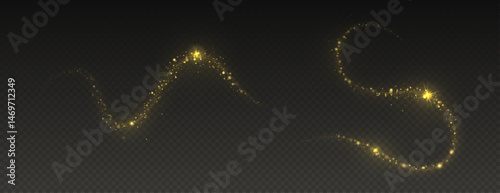 Golden dust trail with star-shaped sparkles on dark background. Magic realistic wave paths of shining glitters and shimmering particles. Vector 3d illustration.