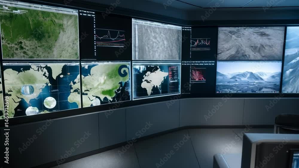 Control room shows map data and geological satellite imagery on a large video wall inside a minimalist modern office.