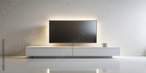 Wallpaper Mural Modern minimalist flat screen television on a sleek white media console with subtle ambient lighting against a textured wall Torontodigital.ca