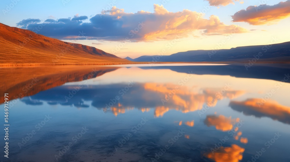 Fototapeta premium Serene Sunset Reflections on Tranquil Lake