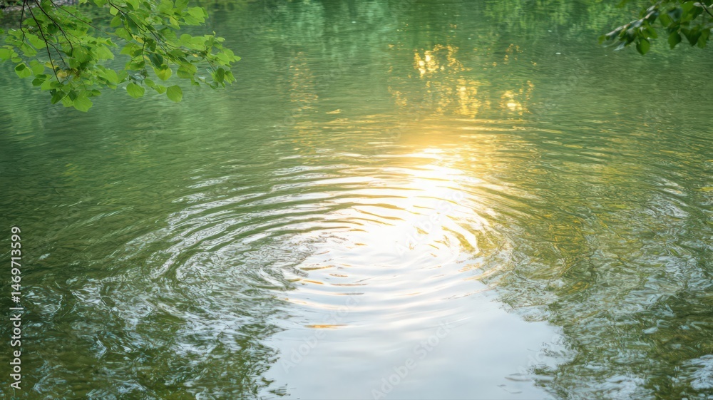 Fototapeta premium Serene Water Reflection with Sunlight and Green Leaves