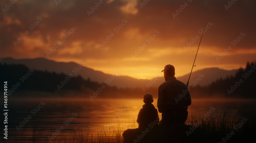 Father and son fishing at sunset tranquil lake outdoor leisure scenic view Father and son fishing at sunset tranquil lake outdoor leisure scenic view