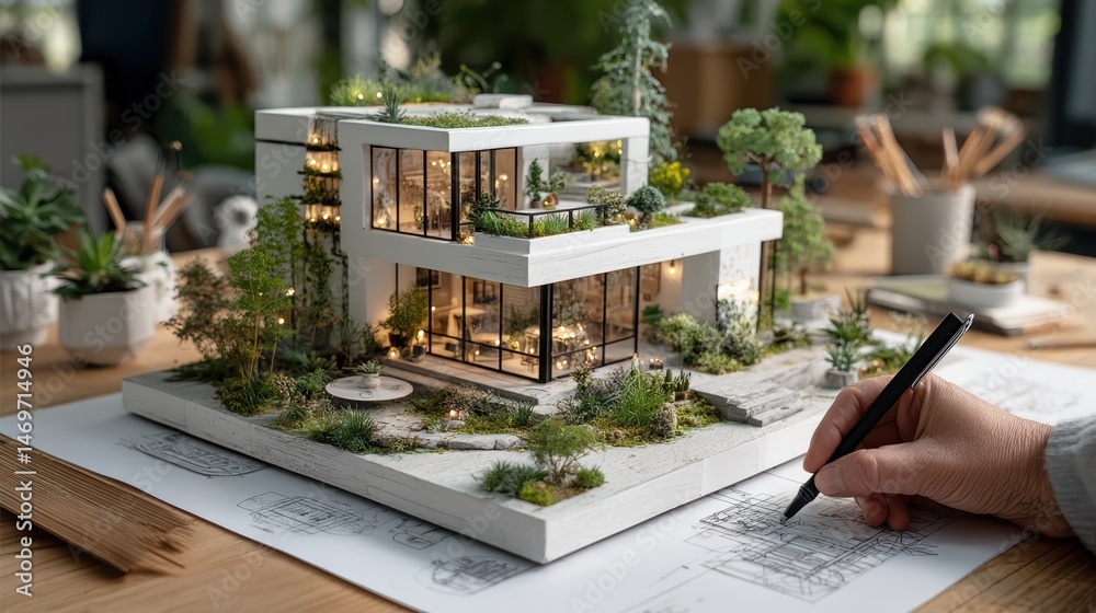 Miniature model of a modern residential building presented in the hand of an architect