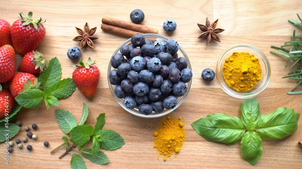 Fresh culinary tableau showcases vibrant strawberries, blueberries, herbs, spices, aromatic