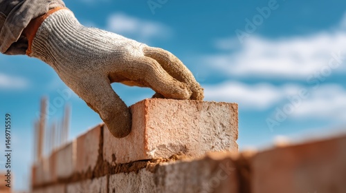 Laying bricks and mortar of a new building wall by a builder