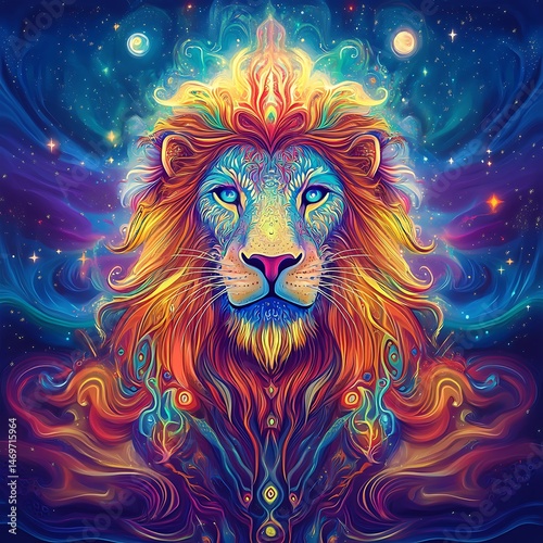 Colorful lion in cosmic background. Possible use Decorative print