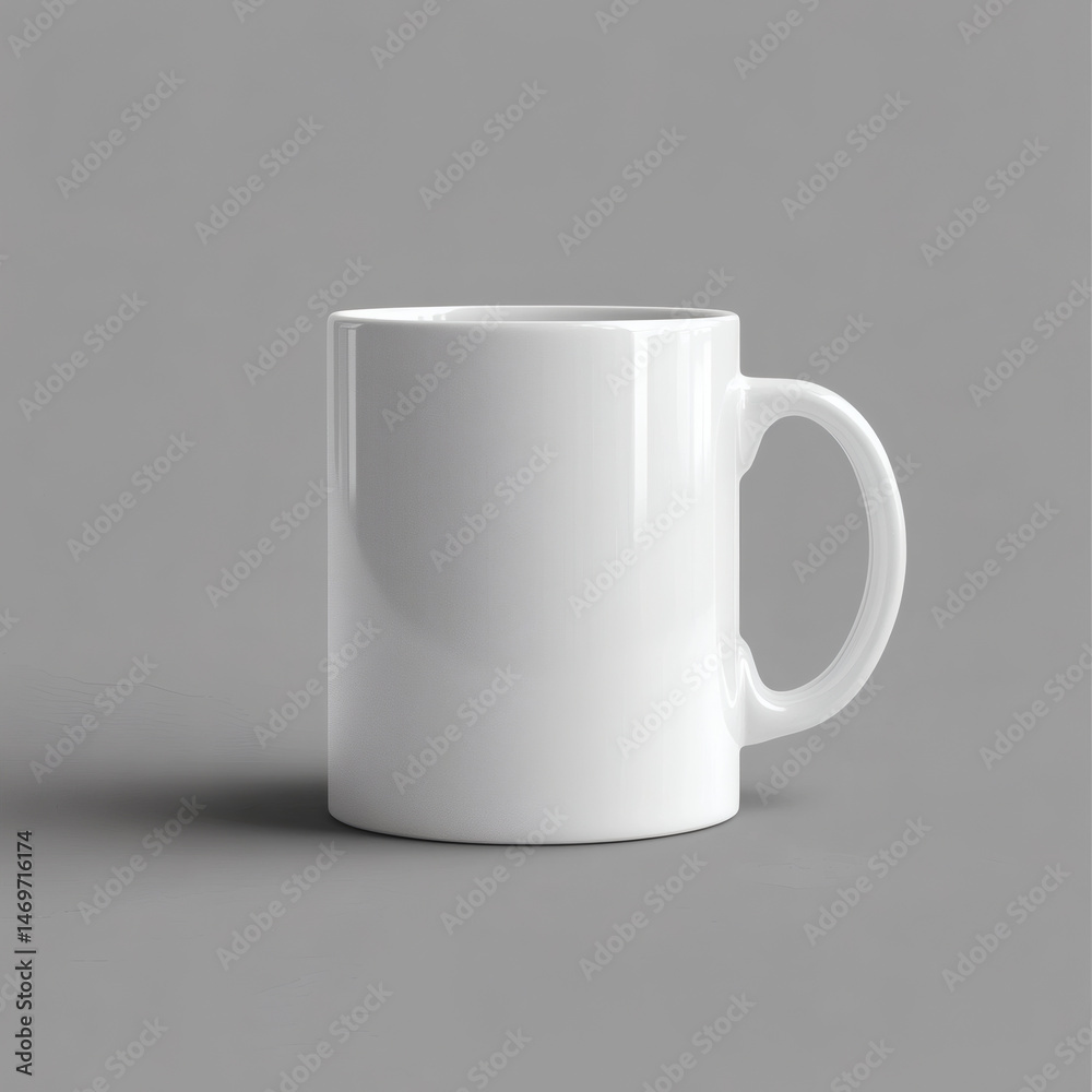 A pristine white mug, elegantly displayed on a simple gray background, ideal for any creative project. A pristine white mug, elegantly displayed on a simple gray background, ideal for any creative project.